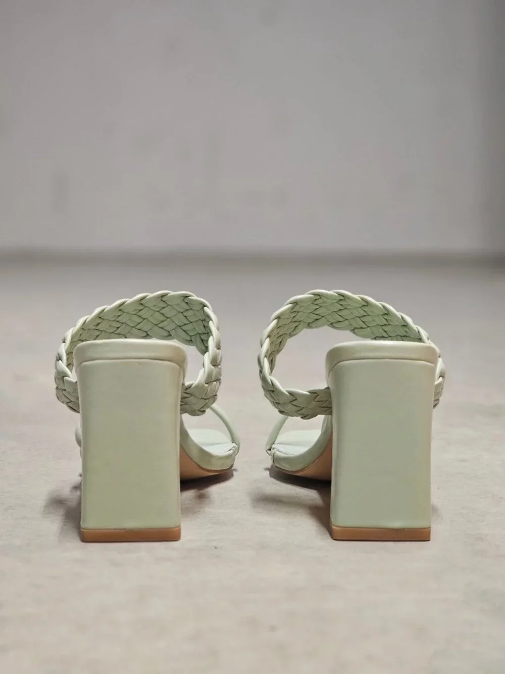 Woven Strap Block Heel Sandals Sage Green Square Toe Slip-On Design Womens Footw